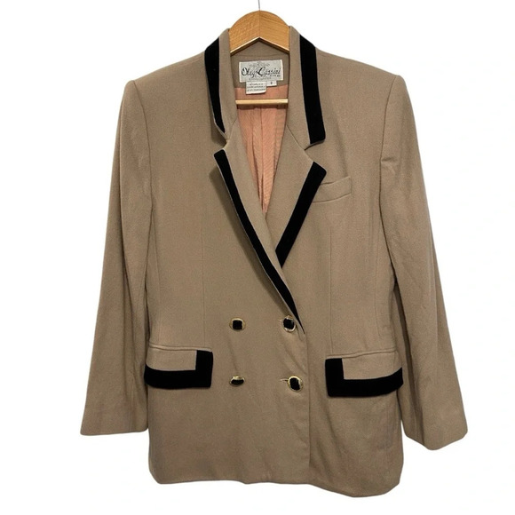 Vintage Oleg Cassini Wool Blazer Size M Tan Black Double Breasted Metal Buttons - Picture 1 of 7